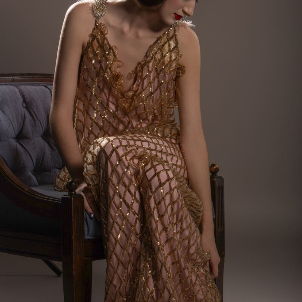 "LADY HELENA" Gold Sequin Diamond Pattern Tulle Lace Gatsby Wedding Gown - Picture 5 of 12